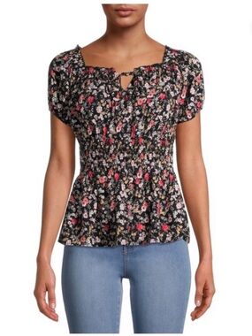No Boundaries Black Floral Smocked Peplum Blouse